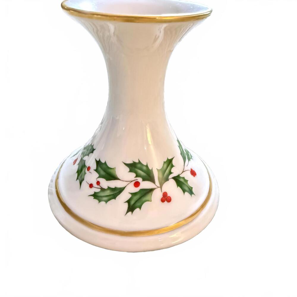 LENOX China Holiday Candlestick Holder. Holly Berries 24K Gold Trim Christmas